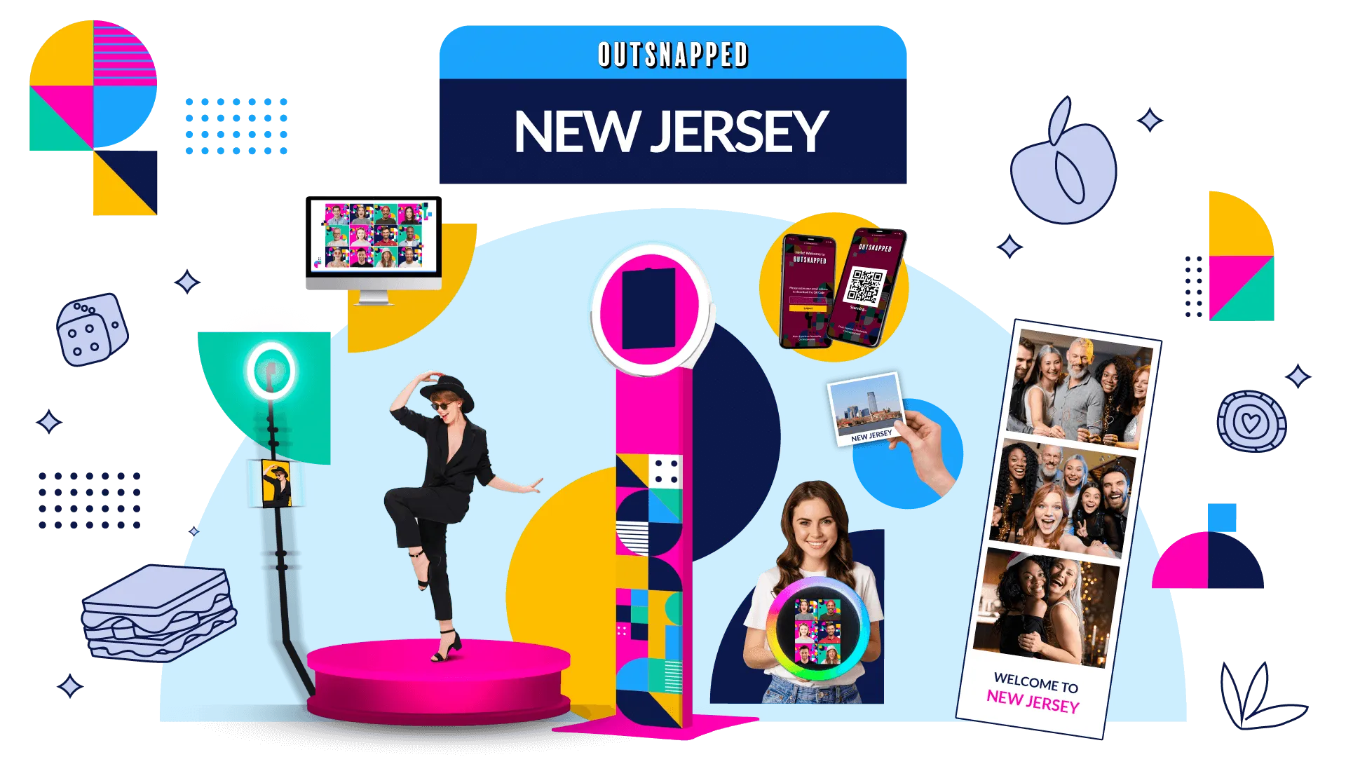OutSnapped photo booth rental illustration for New Jersey events, featuring colorful booths with people posing and printing photos