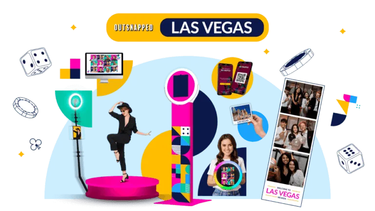 OutSnapped photo booth products displayed in vibrant Las Vegas setting with colorful booths, guests using SnapShift AI booth and FutureFoto, printed photo strips, and event props