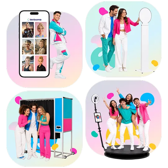 OutSnapped photo booth products: mobile app with guest photos, FutureFoto open-air booth, FotoRover roaming booth, and 360 video booth with diverse groups enjoying photo experiences