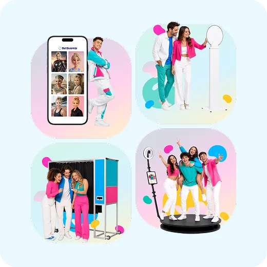 OutSnapped Product Suite and Experiences OutSnapped photo booth products showcase: virtual booth on smartphone screen, couple using FotoRover roaming booth, group in open-air booth, and four people posing on 360 video booth platform