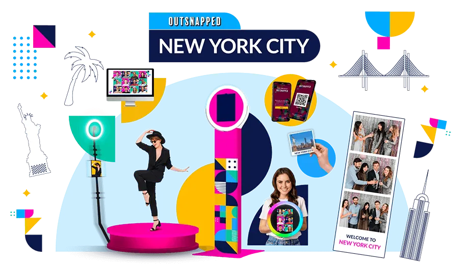 OutSnapped photo booth rental showcase for New York City featuring colorful AI and 360 booths with event guests posing, iconic NYC landmarks including the Statue of Liberty and Brooklyn Bridge in background