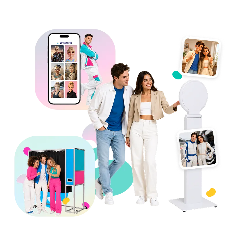 OutSnapped Team Photo Booth Solutions OutSnapped photo booth rental solutions displayed across multiple formats: smartphone showing grid of event photos, FutureFoto open-air booth with guests, FotoRover roaming booth, and printed photo outputs on display pedestal.