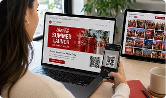 Event Photo Gallery Display Woman viewing OutSnapped photo booth gallery on laptop and mobile device, displaying event photos from a Coca-Cola Summer Bash brand activation