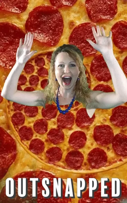 Woman with raised arms superimposed on pepperoni pizza background with OutSnapped branding