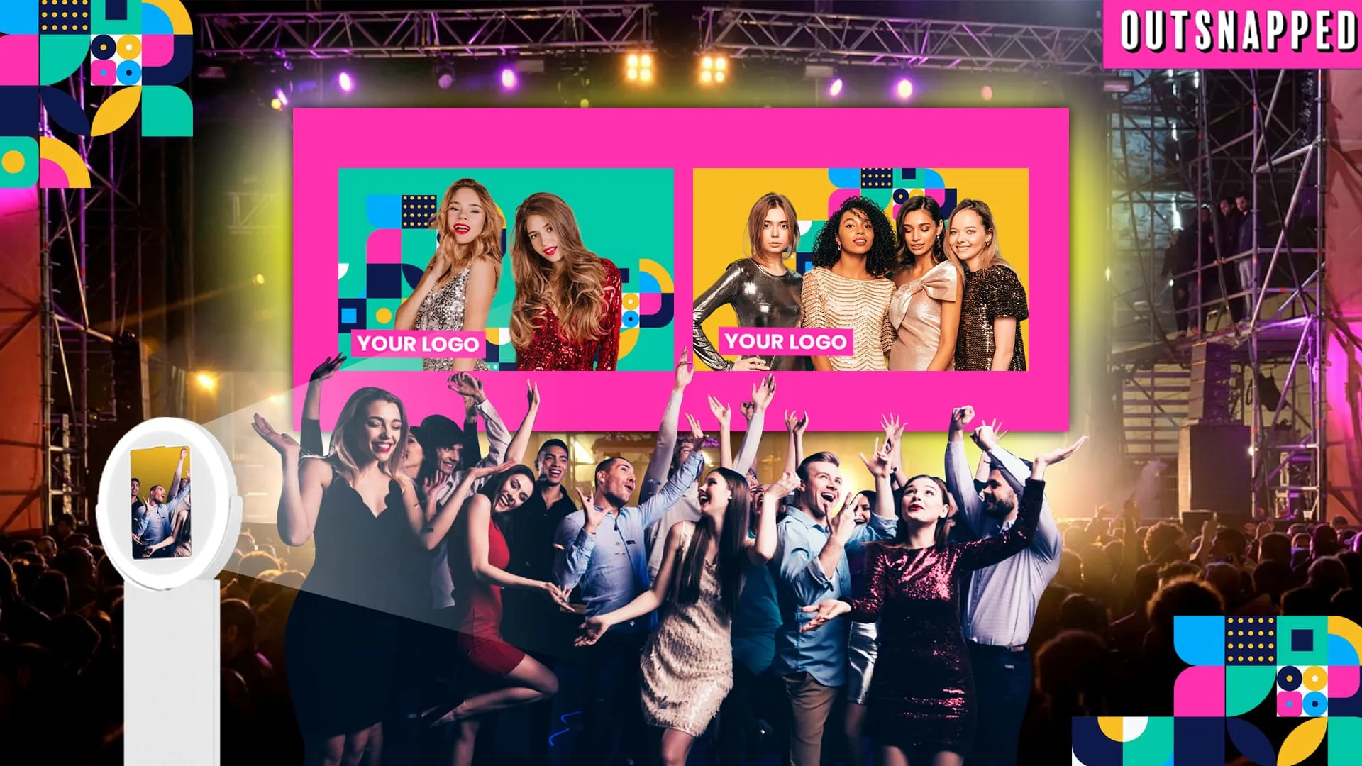 Large LED screens displaying guest photos in bright pink and cyan frames above a cheering crowd at a corporate event with OutSnapped branding visible