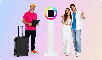 OutSnapped Mobile and Stationary Service Models Three illustrated people with photo booth and mobile service specialist on gradient background