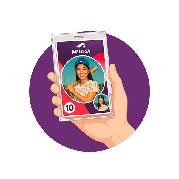 Pictor Personalized AI Photo Booth Card Display Hand holding smartphone displaying AI-generated player card with woman's photo, name Melissa, baseball uniform, and number 10 on purple background