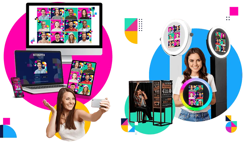 Woman taking selfie with smartphone surrounded by digital displays showing colorful photo booth gallery walls, laptop screens, and AI photo booth kiosks with vibrant pop art styling.