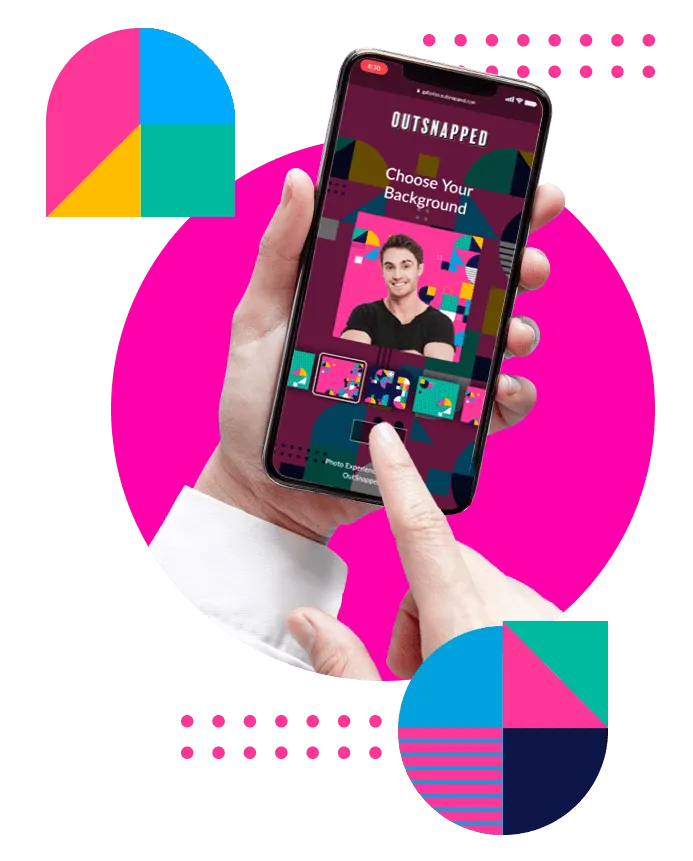 Virtual Photo Booth Mobile App with Custom Backgrounds OutSnapped virtual photo booth app on smartphone showing background customization options with colorful UI controls.