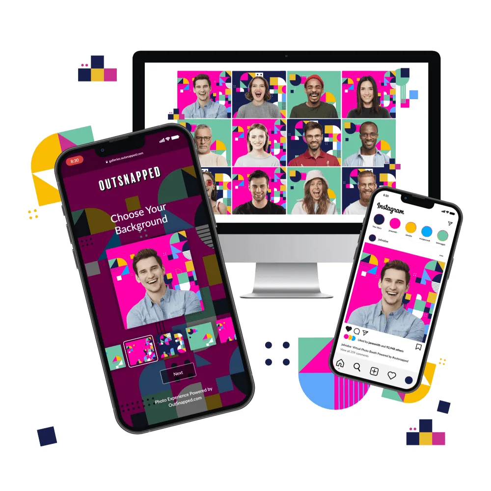 OutSnapped virtual photo booth interface displayed on smartphone, tablet, and desktop monitor, showing colorful background options and photo grid gallery with diverse participants