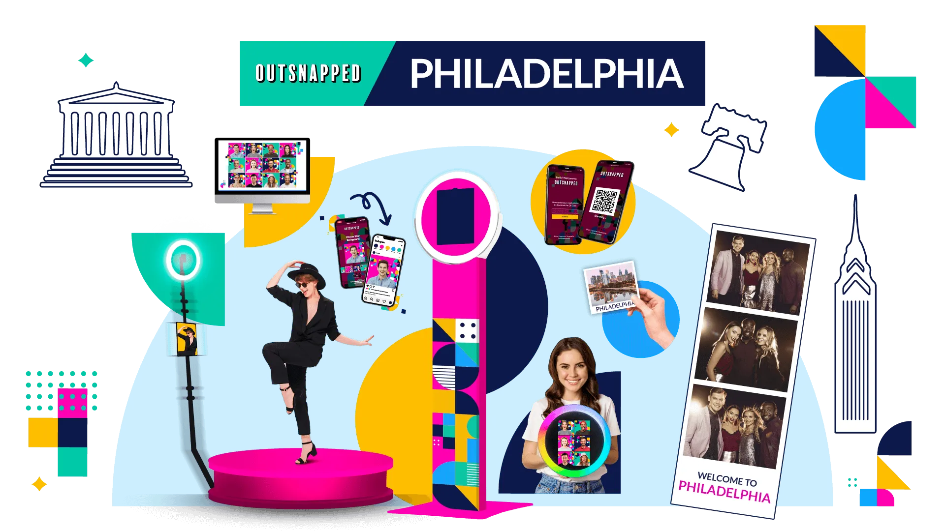 OutSnapped photo booth rental products displayed in Philadelphia, including FotoRover roaming booth, AI photo booth, and 360 video booth with guests enjoying photos at corporate and wedding events