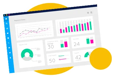 Analytics dashboard displaying photo booth event metrics including line graphs, bar charts, and performance gauges with engagement data.