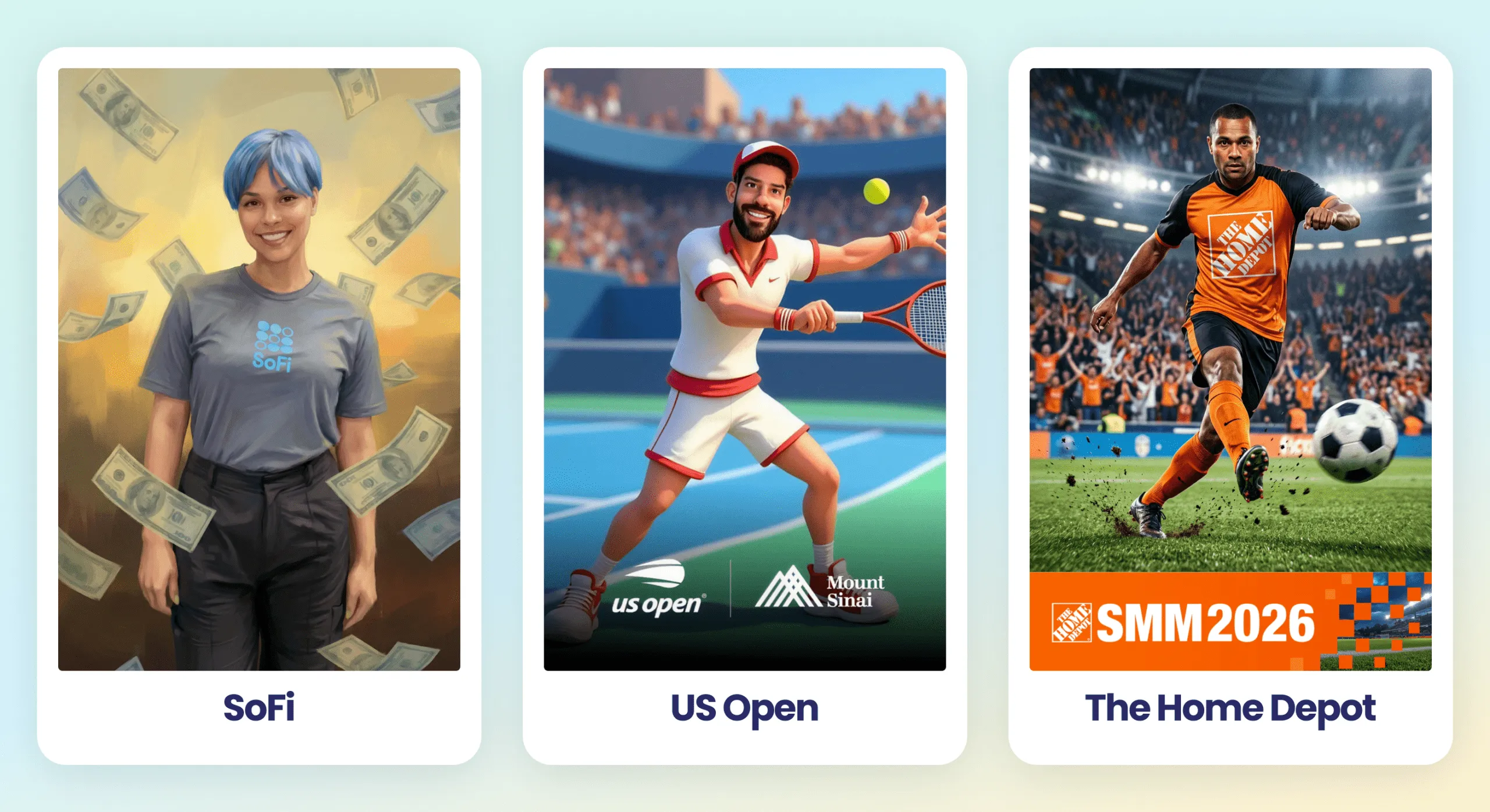 Three photo booth output examples: SoFi with money animation backdrop, US Open tennis-themed frame, The Home Depot soccer stadium frame with SMM2026 branding
