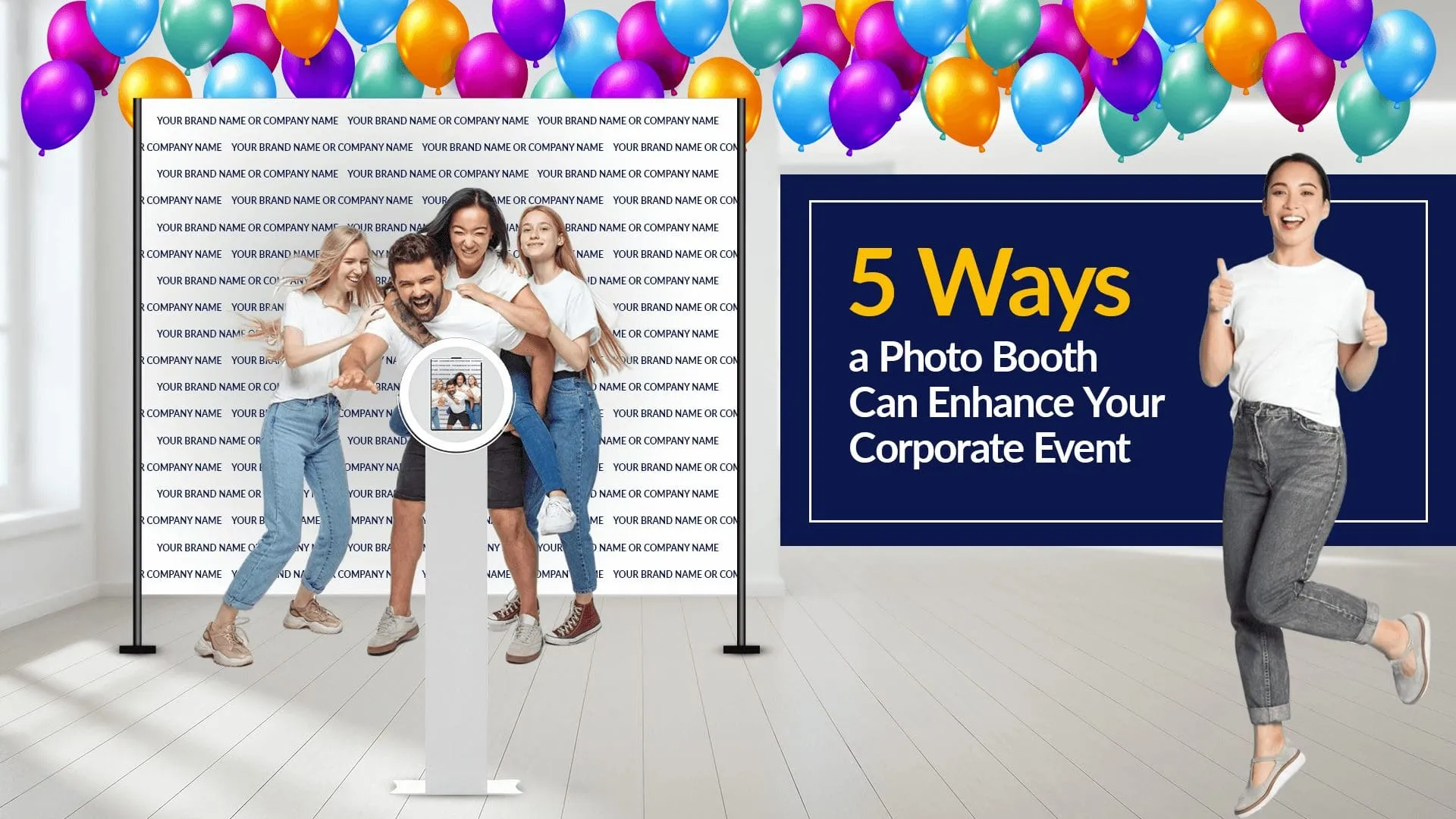Corporate Photo Booth Event Enhancement Group of four people posing together in front of an OutSnapped photo booth backdrop with colorful balloons overhead and repeated company name text, with a woman in white shirt shown separately on the right gesturing enthusiastically.