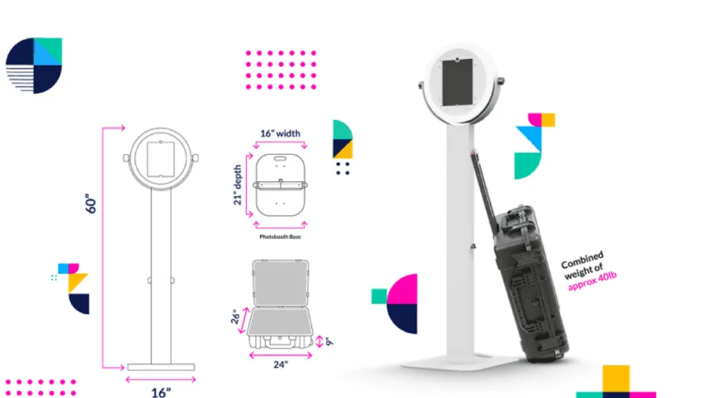 FutureFoto and FotoRover photo booth dimensions and specifications, showing 60" height, 16" width, 24" depth, and combined weight of 80 lbs for easy nationwide shipping and deployment.