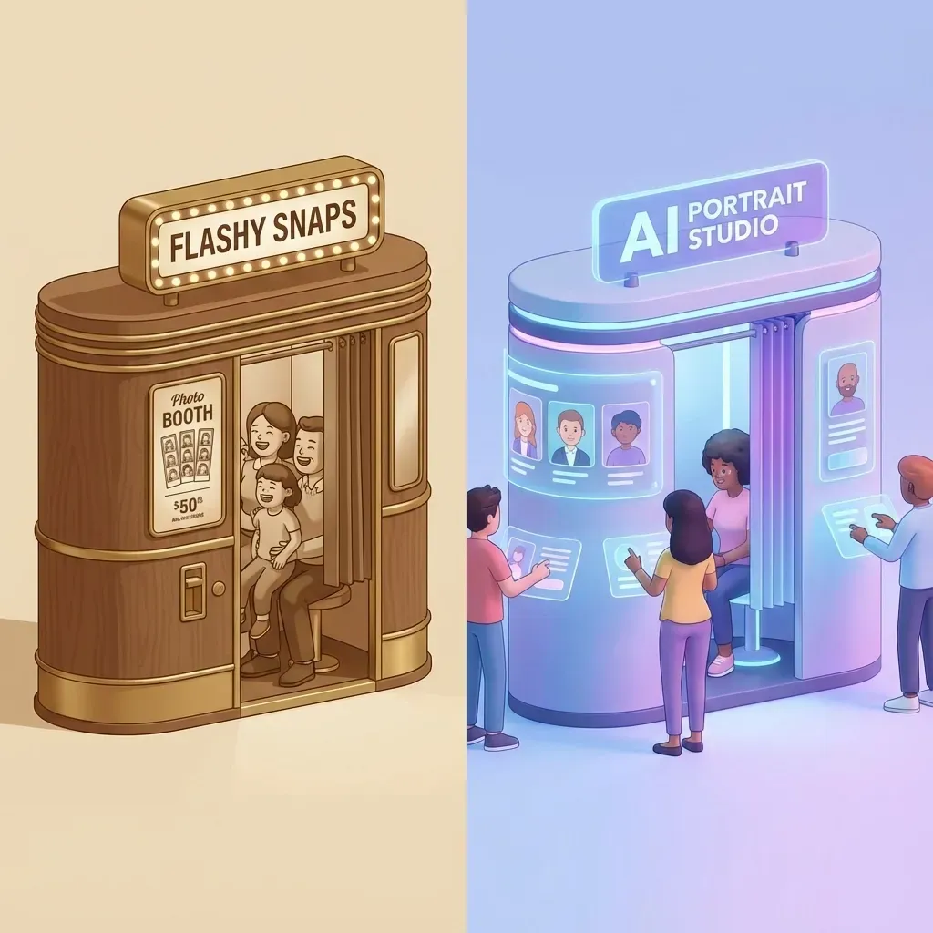 Photo booth evolution: classic to AI technology Evolution of photo booth technology from vintage wood-paneled Flashy Snaps booth to modern AI Portrait Studio with interactive displays and digital features.
