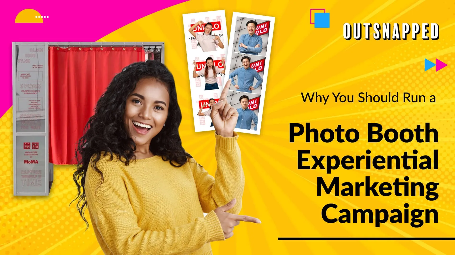 Woman in yellow shirt holding photo booth prints in front of red FutureFoto booth, smiling at camera against yellow background