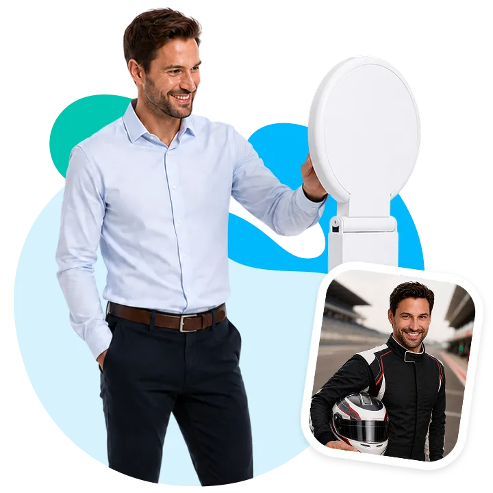 Professional Headshot Booth Service Man in light blue shirt holding a large circular mirror from an OutSnapped photo booth, with inset showing booth photo output example