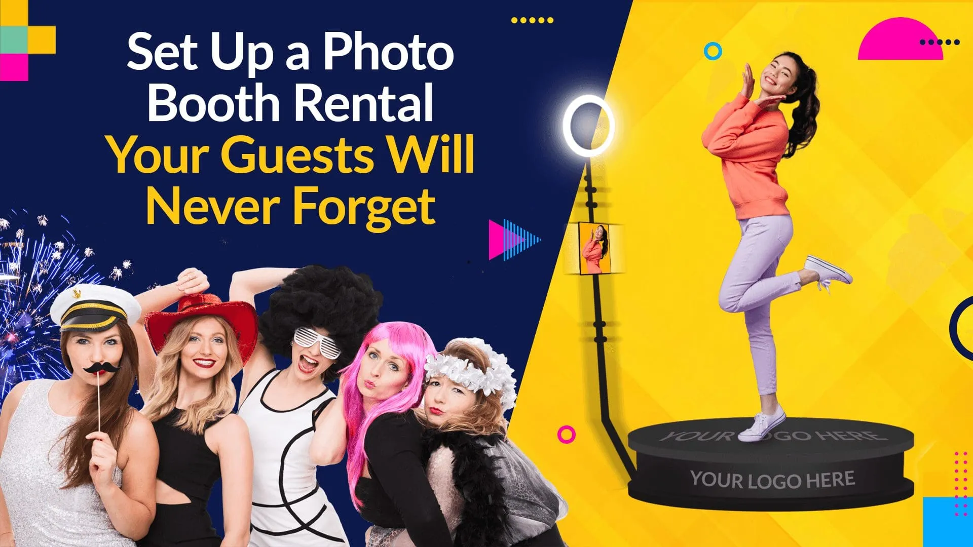 Five guests wearing colorful props including hats and wigs posing with photo booth props on the left; woman jumping joyfully on photo booth platform on the right with ring light setup