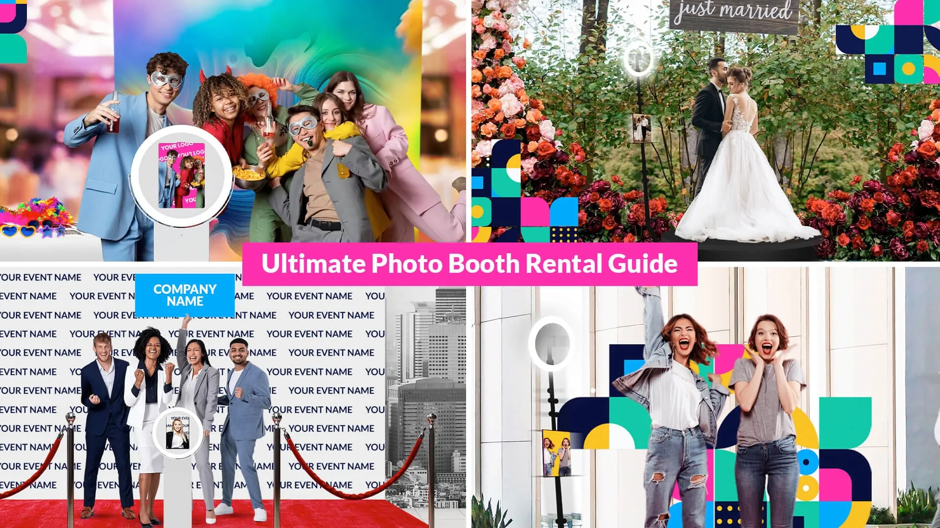 Four photo booth rental styles: group with colorful props and instant prints, couple's wedding backdrop with floral arch, corporate team at branded step-and-repeat, and children at vibrant geometric booth setup.