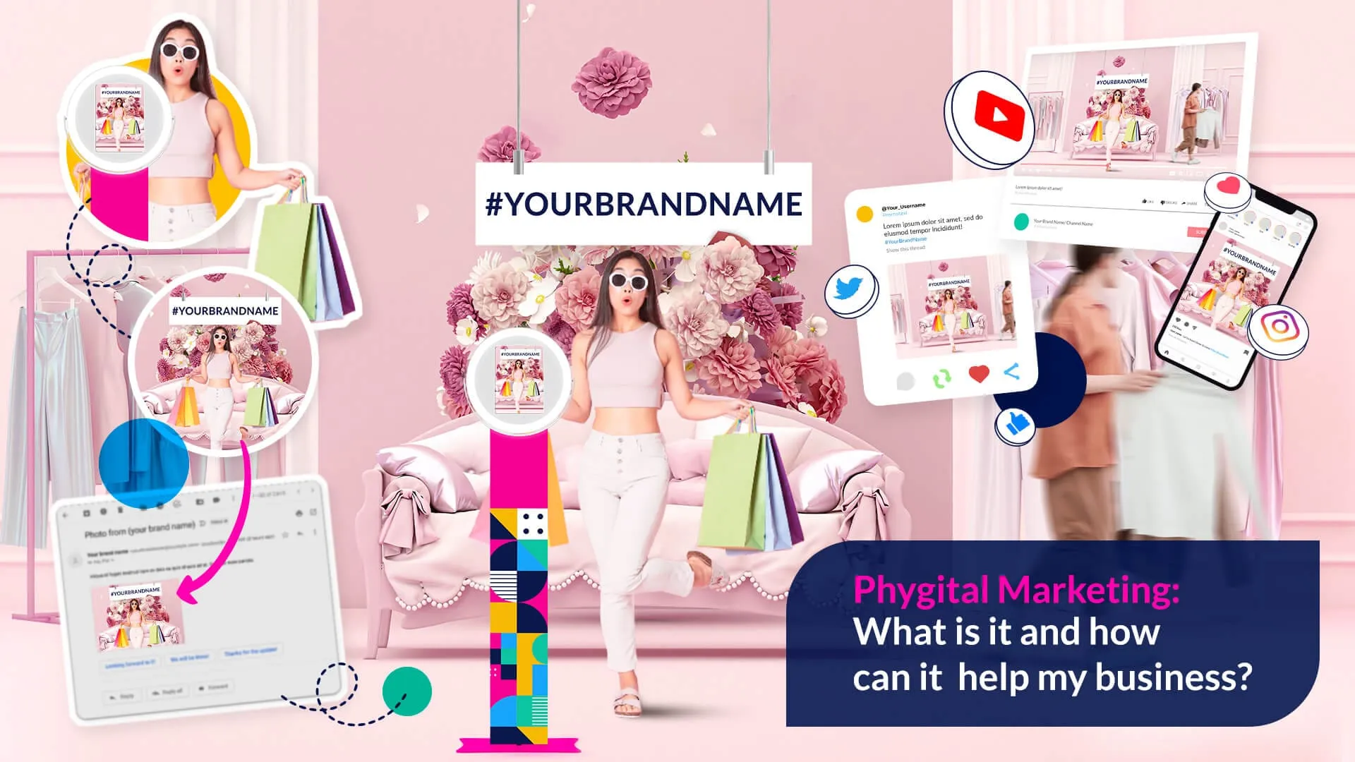 Phygital marketing concept illustration showing woman with photo booth display, social media icons, branded hashtag, and digital analytics on pink background