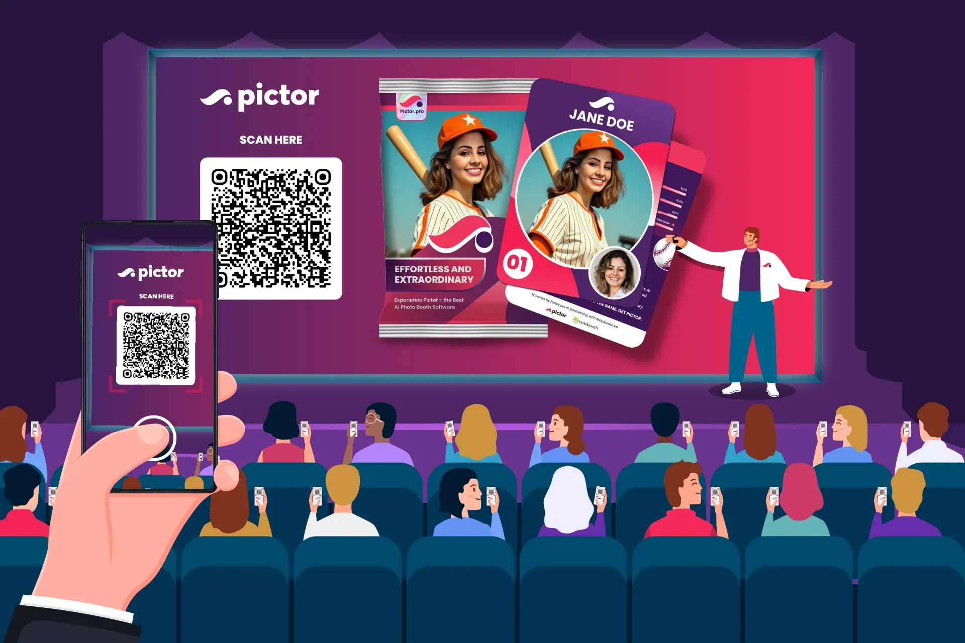 Pictor Brand Activation Booth Setup Audience at Pictor brand activation scanning QR code on FotoRover booth displaying AI-transformed player cards with custom photo overlays on large screen