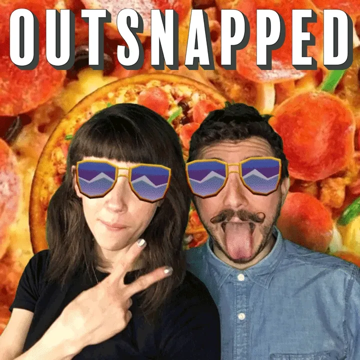 Couple wearing novelty sunglasses posing with pizza green screen background
