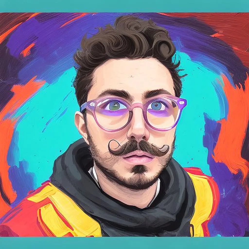 AI Pop-Art Style Portrait Man with styled mustache and purple glasses in vibrant pop-art portrait style