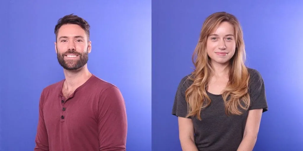 Two professional headshots against a blue background: man in burgundy henley on left, woman in black t-shirt on right, both smiling at camera