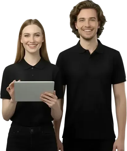 Professional Service Representatives Portrait Professional man and woman in black uniforms holding tablet with confident smiling expressions
