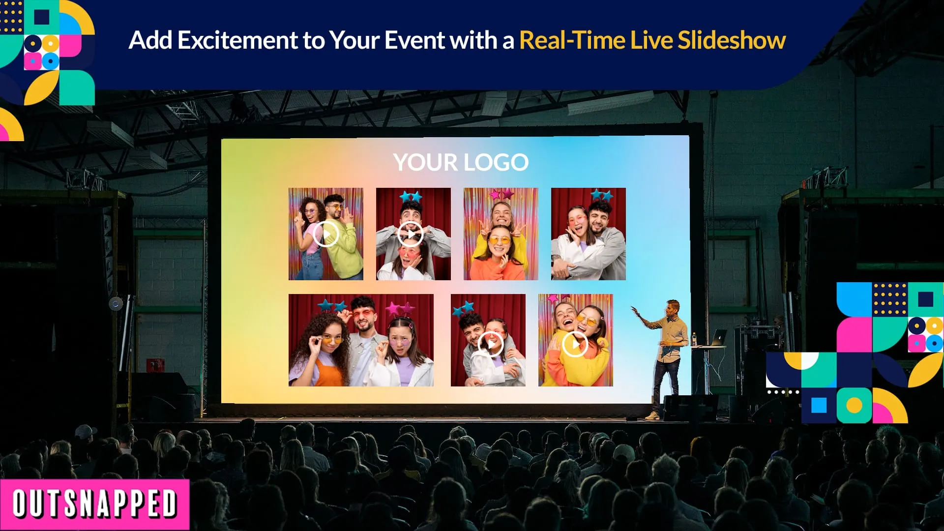 Large event screen displaying a real-time photo grid with eight guest photos and 'YOUR LOGO' placeholder, surrounded by an engaged crowd at a corporate event