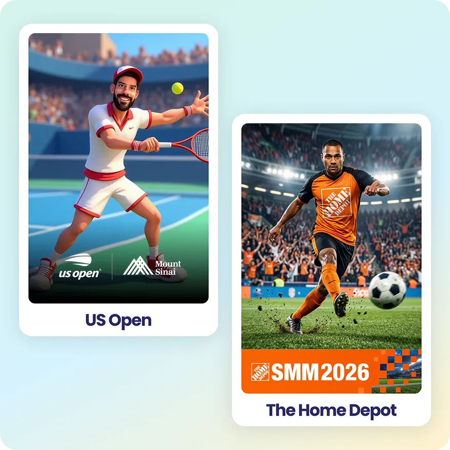 Two custom illustrated portrait cards showing a tennis player branded for the US Open and Mount Sinai, and a soccer player branded for The Home Depot SMM 2026, examples of personalized Recognition Wall keepsakes.