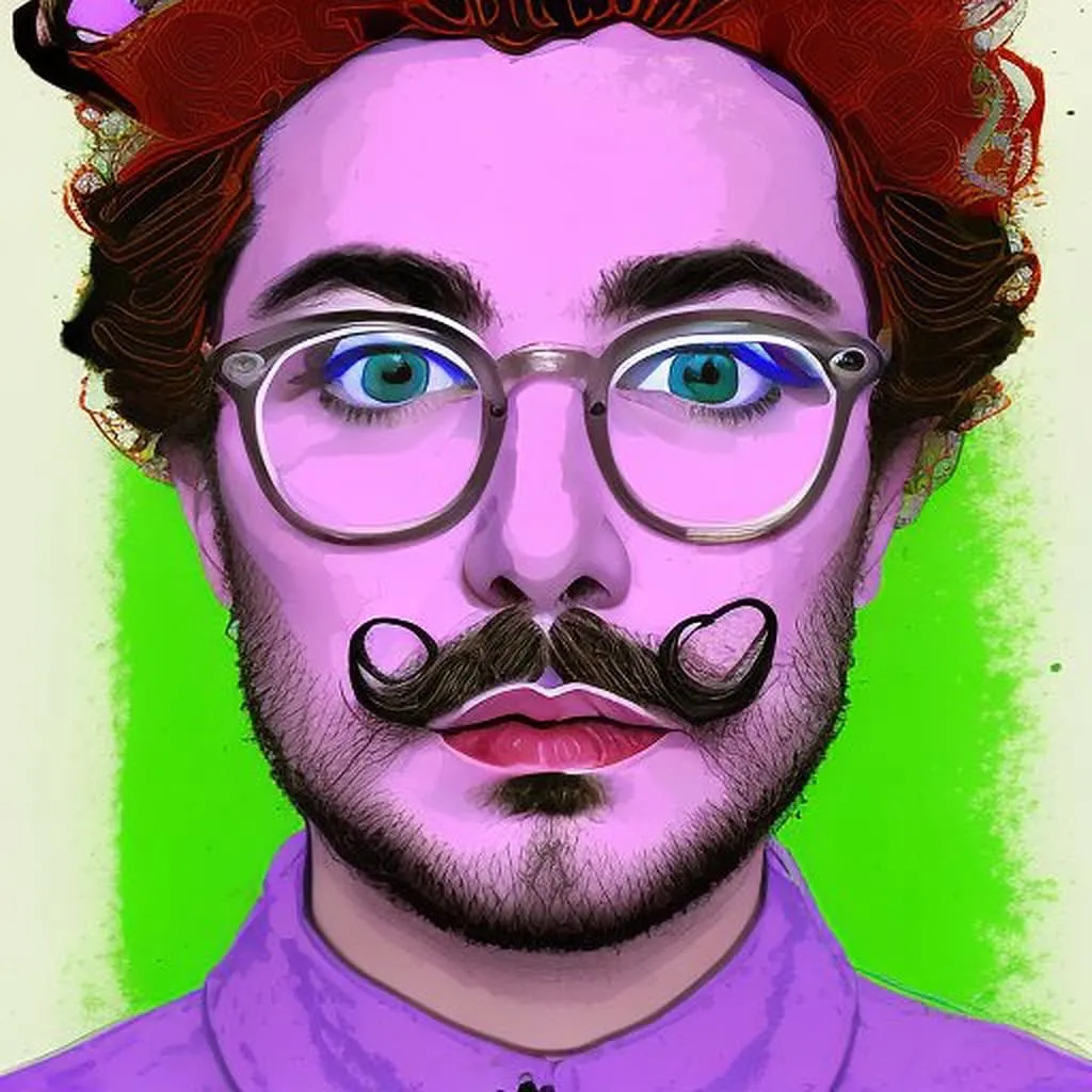 Neon Red Hair Watercolor Portrait Man with red curly hair and glowing turquoise eyes against bright pink and neon green background