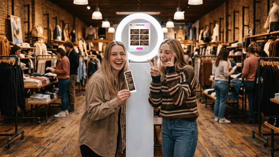 White circular photo booth with mirror display in retail clothing store