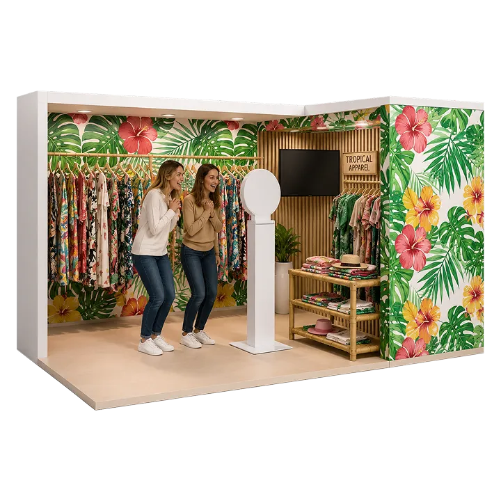 Fashion Brand Activation Booth Installation Retail fashion booth with tropical wallpaper, clothing racks, and white pedestal