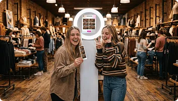 OutSnapped booth at retail brand activation event Two women pose in front of a white open-air photo booth at a retail store event, with guests shopping in the background