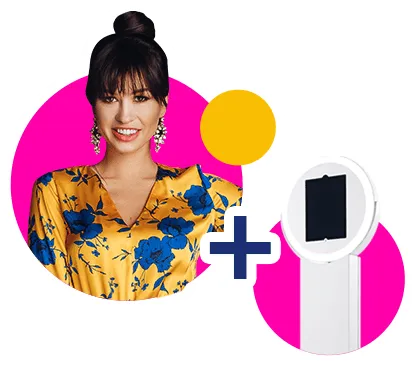 Photo Booth Frame Design with Customer Smiling woman with black hair in yellow floral shirt next to illustrated white photo booth with magenta accents, representing retail customer engagement