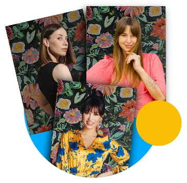 Multi-Frame Photo Booth Output Design Example Three people posing in front of a vibrant floral backdrop with colorful flowers, each in different outfits, demonstrating a photo booth experience for retail events.