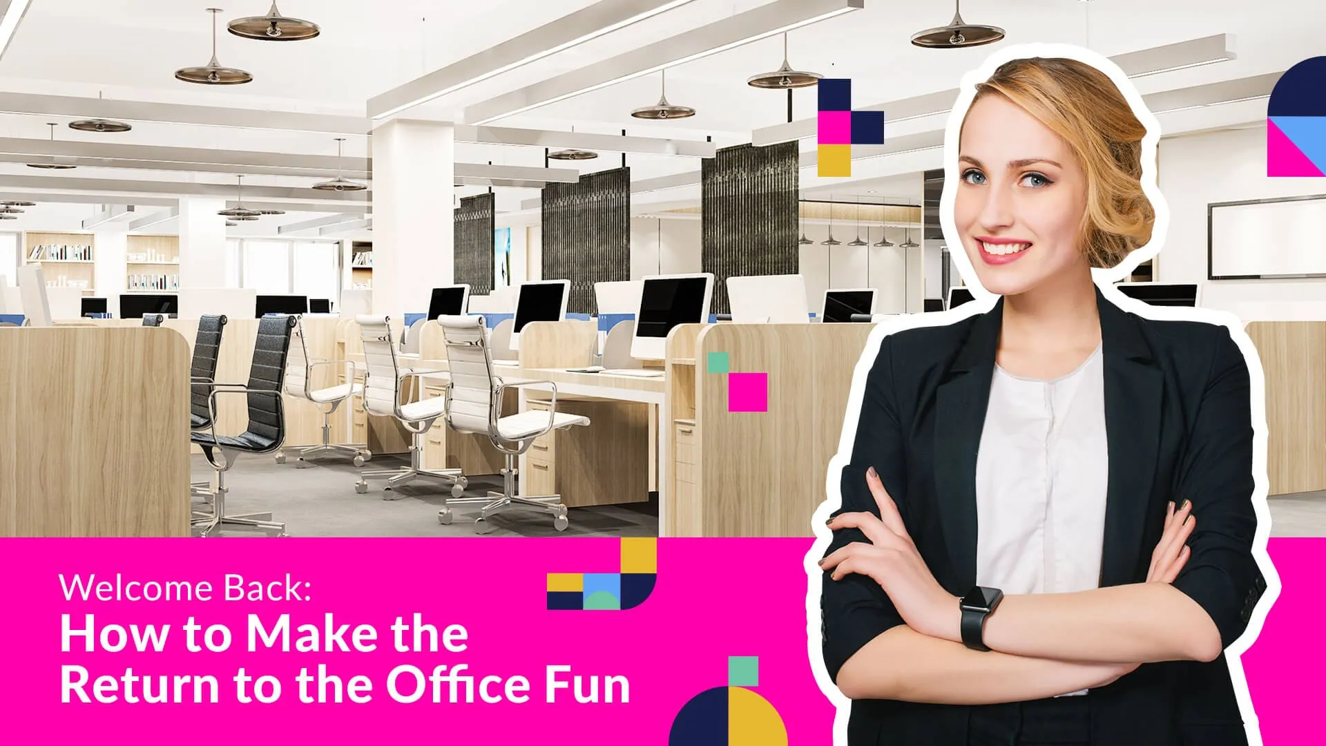 Office Return Photo Booth Campaign Professional woman in black blazer standing in modern open-plan office with desks and colorful wall art, smiling at camera
