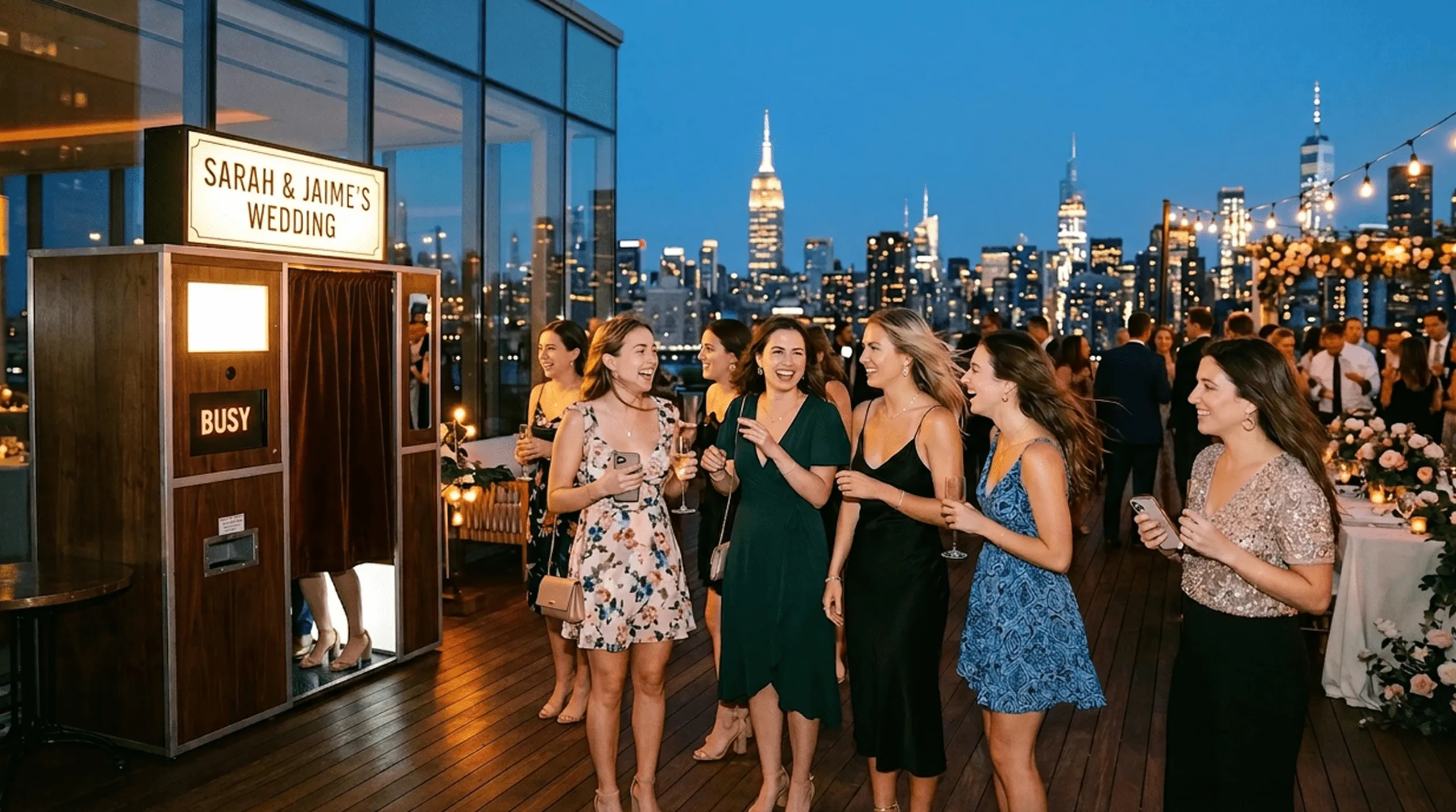 Custom Wedding Photo Booth with Skyline View Wedding guests gather around an open-air photo booth with illuminated signage reading 'Sarah & Jaime's Wedding' at a rooftop reception with NYC skyline backdrop.