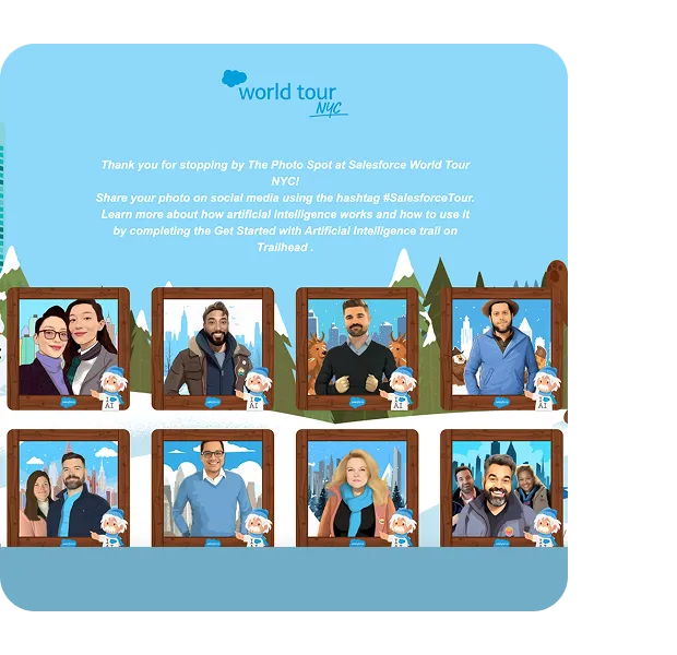 Salesforce World Tour NYC Photo Booth Experience Eight framed photos from OutSnapped's photo booth at Salesforce World Tour NYC, featuring attendees posing with AI-generated portraits against city skyline backdrops.