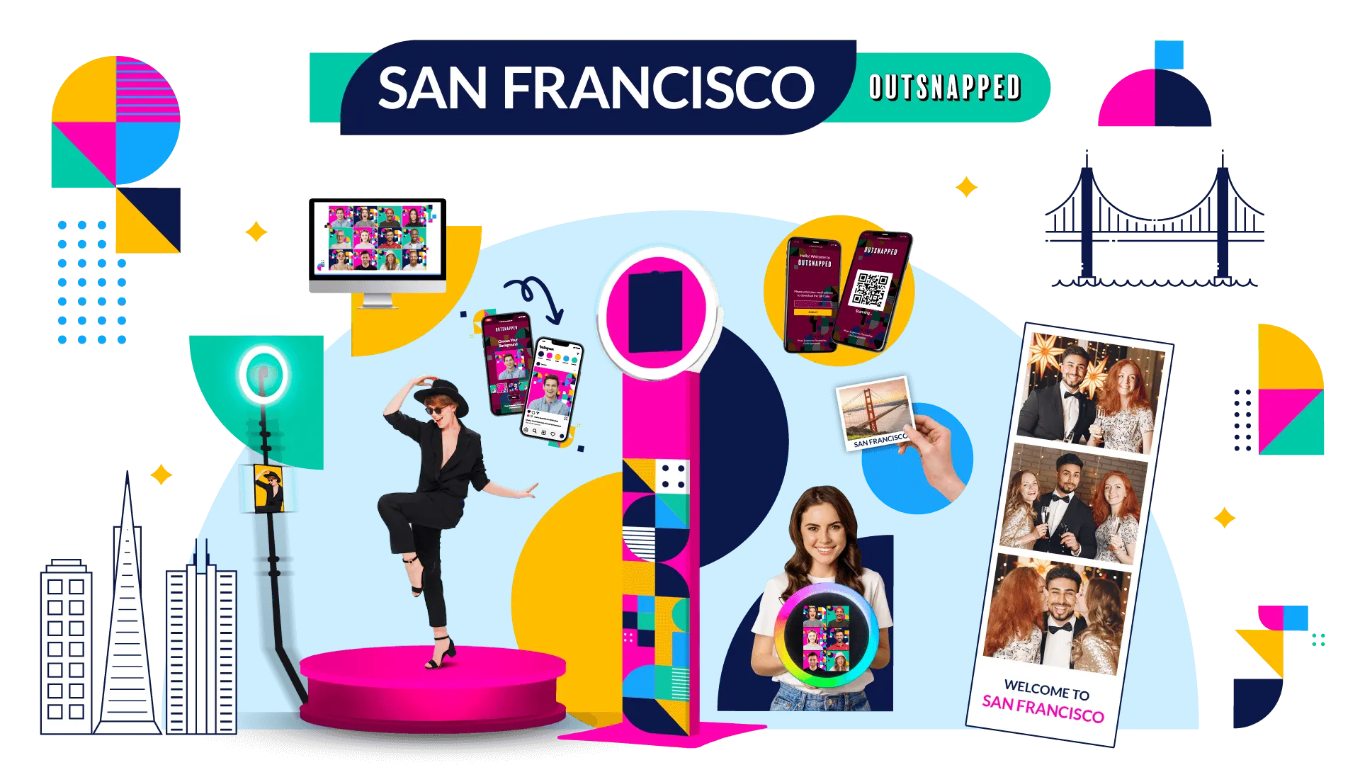 San Francisco Photo Booth Rental Services San Francisco OutSnapped photo booth rental scene featuring colorful AI booth, guests using interactive displays, Golden Gate Bridge landmark, and sample event photos
