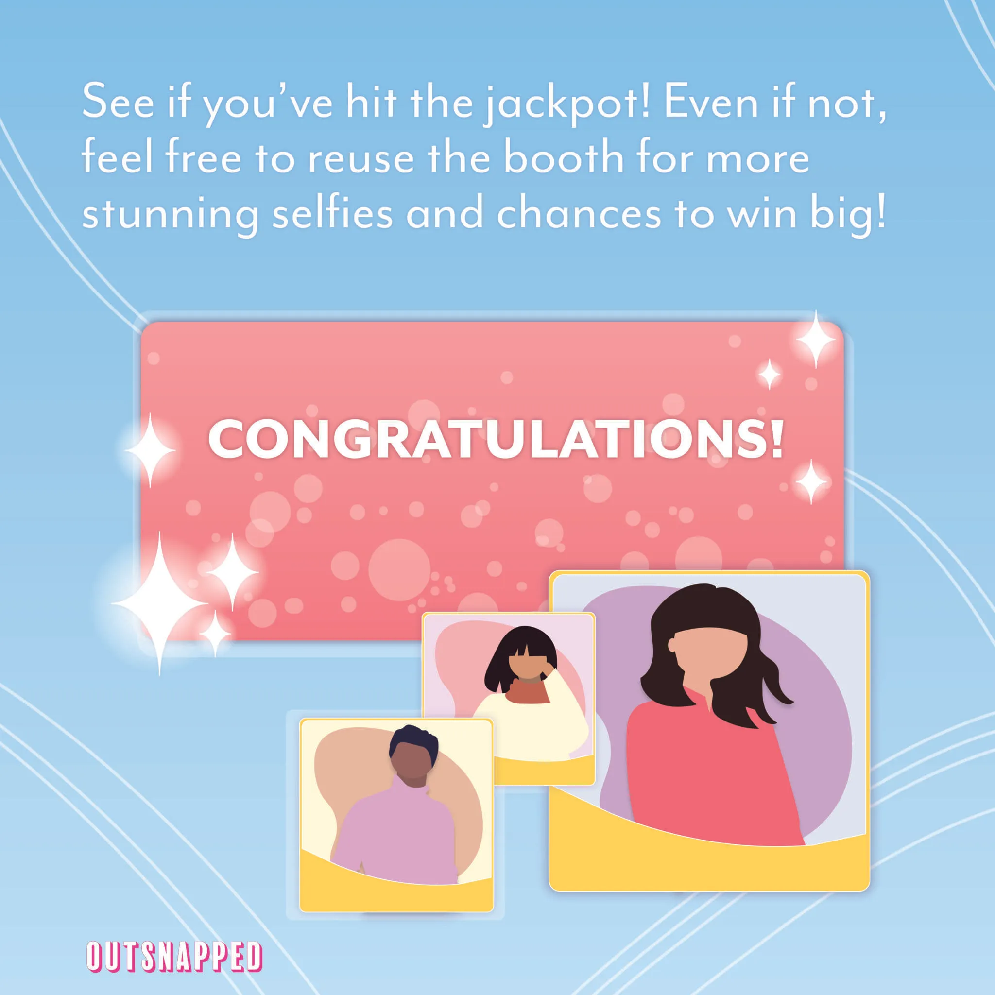 Scratch-off ticket showing congratulations message with illustrated character photos