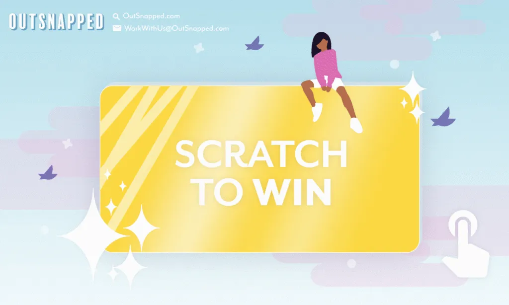 Illustrated person sitting on a yellow scratch-off ticket card with "SCRATCH TO WIN" text, surrounded by decorative stars and paper plane icons on a light blue background