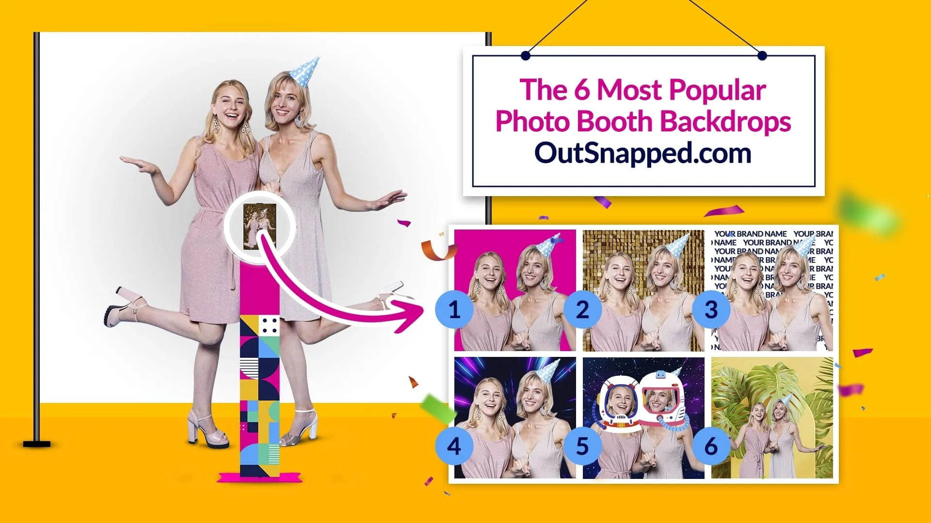Six popular photo booth backdrop styles Two women in party hats posing with a FutureFoto open-air photo booth against a colorful backdrop, with a grid showing 6 popular photo booth backdrop options numbered 1-6