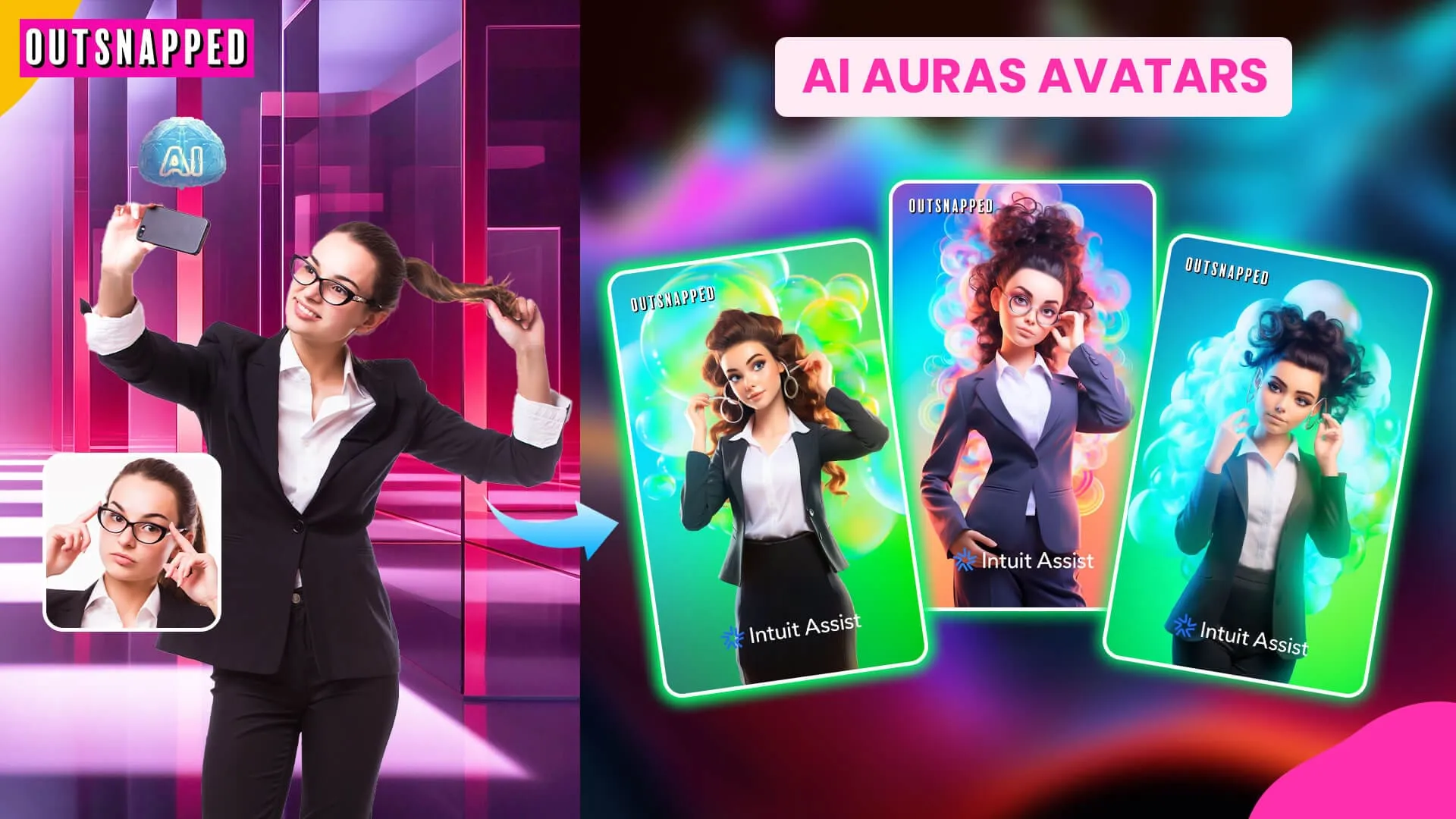AI-Driven Financial Personalization with Avatars SnapShift AI photo booth interface showing AI Auras Avatars feature with professional headshots transformed into colorful avatar versions displayed on neon-bordered screens