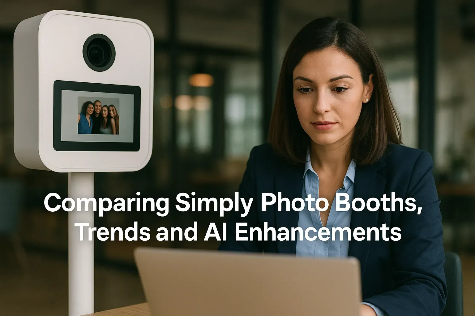 Photo booth technology comparison image Woman in business attire using laptop next to white SnapShift AI photo booth displaying group photo on screen in modern office setting