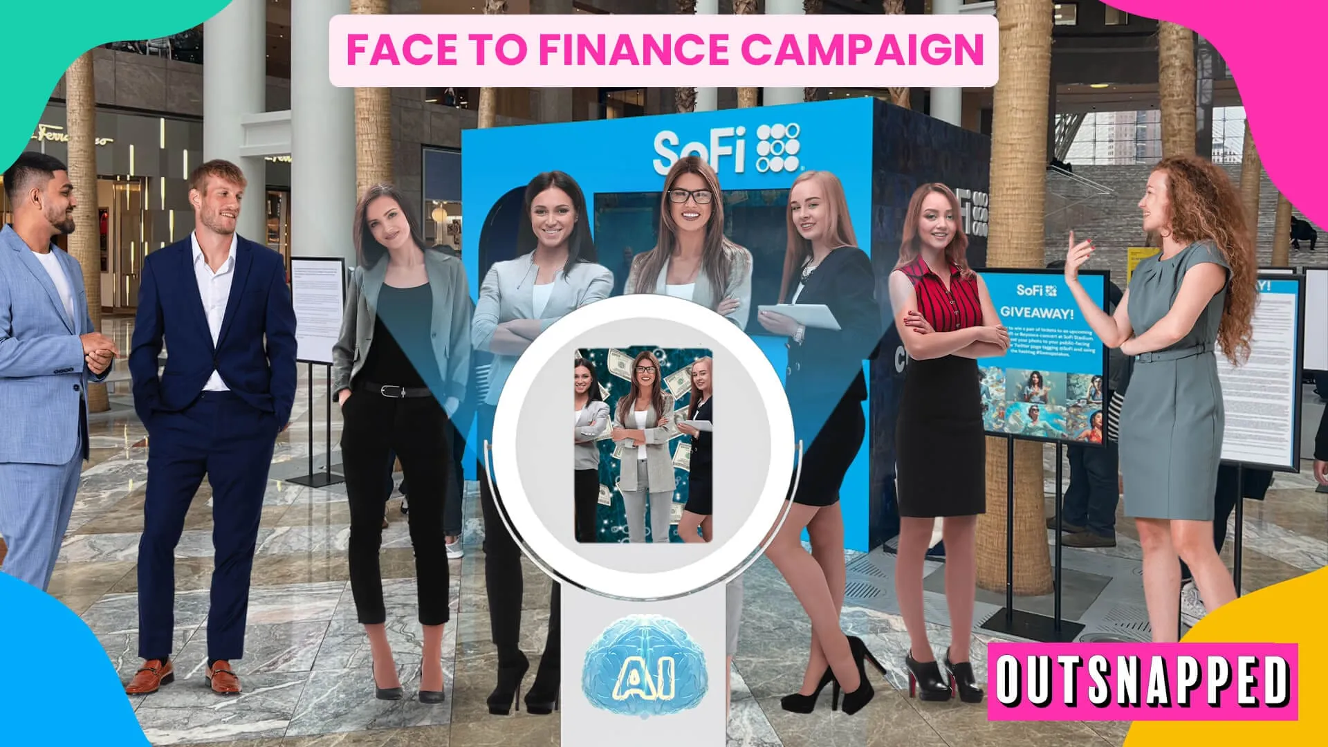 SnapShift AI photo booth displaying Face to Finance campaign with diverse team of professionals posing around screen showing generated AI images