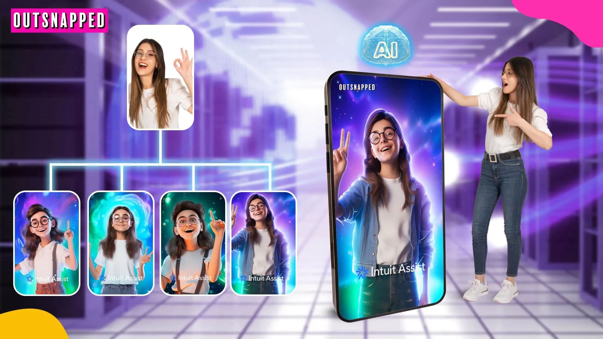 OutSnapped AI Platform Architecture SnapShift AI photo booth interface showing four portrait variations of a woman with different styling effects, plus a large phone mockup displaying the AI outfit try-on feature with 'Intuit Assist' label in a futuristic purple-lit environment
