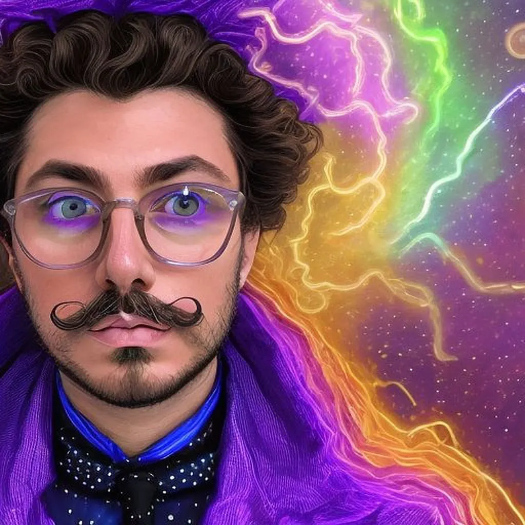 AI portrait — cosmic lightning style Man with stylized purple glasses and curled mustache against neon lightning background, AI-generated portrait showcasing SnapShift photo booth creative effects